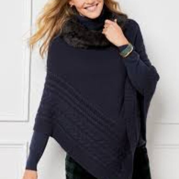 Talbots Navy Faux Fur Cowlneck Wool Blend Cable Knit Poncho Size L NEW - Picture 1 of 14